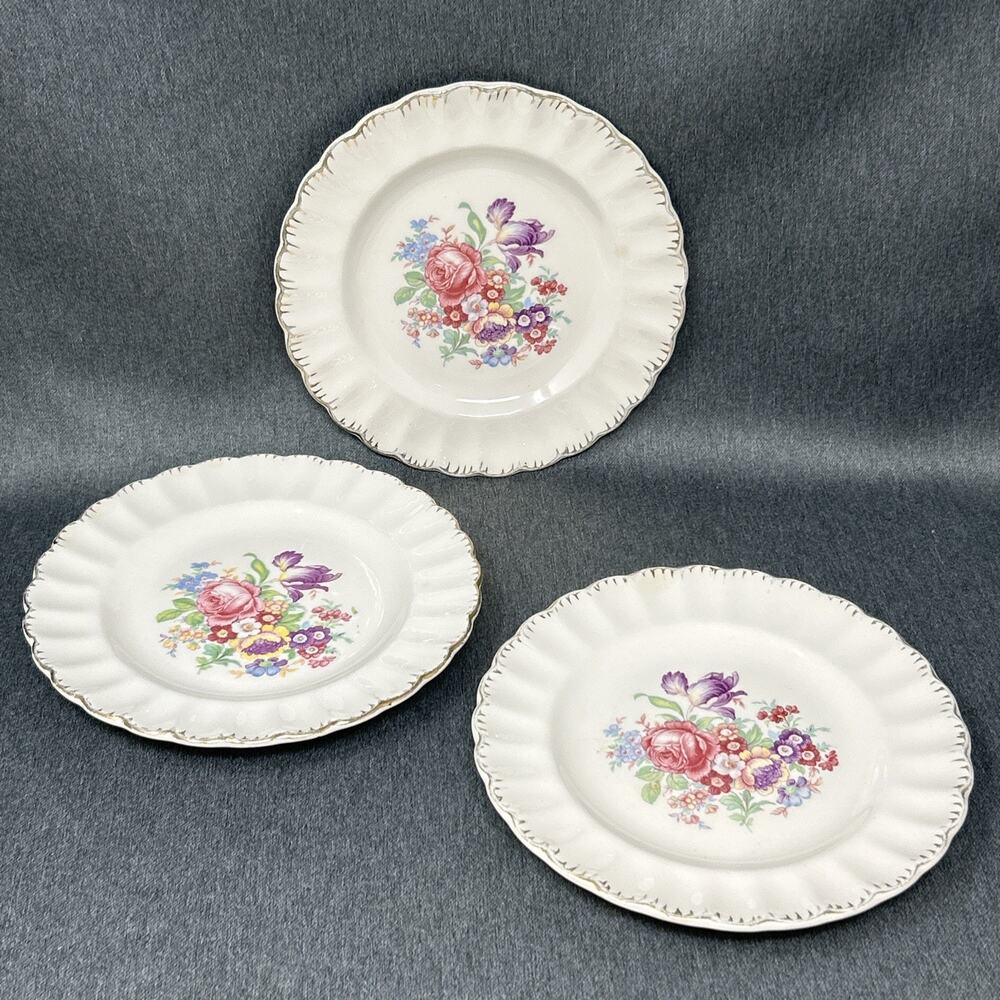 3pc Vintage Leigh Ware Potters Floral Bread Dessert Plates 22K Gold Trim USA